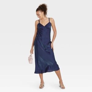 Elegant Navy Blue Satin slip Dress